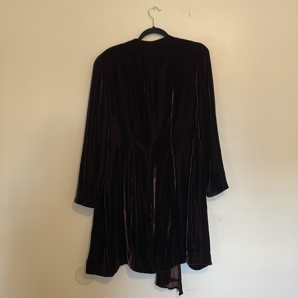 Donna Karan | Brown Silk Long Sleeve Velvet V-Neck Mini Dress - Picture 2 of 7